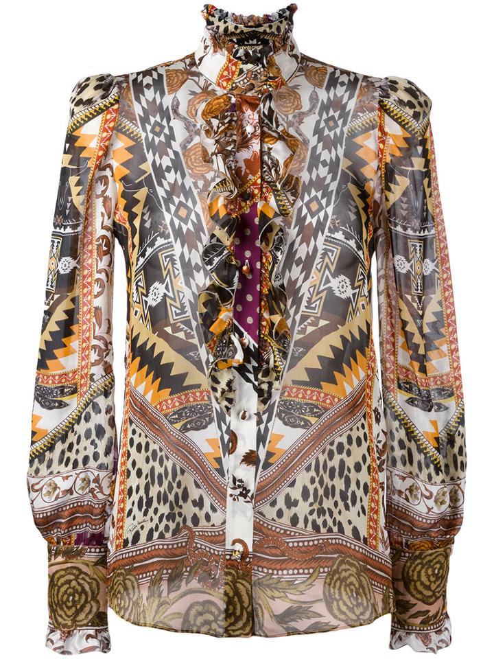 Printed Sheer Shirt - Women - Silk - 44, Orange, Silk, Roberto Cavalli