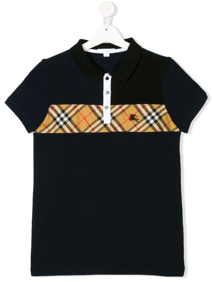 Burberry Kids Teen Vintage Check Panel Cotton Polo Shirt - Blue
