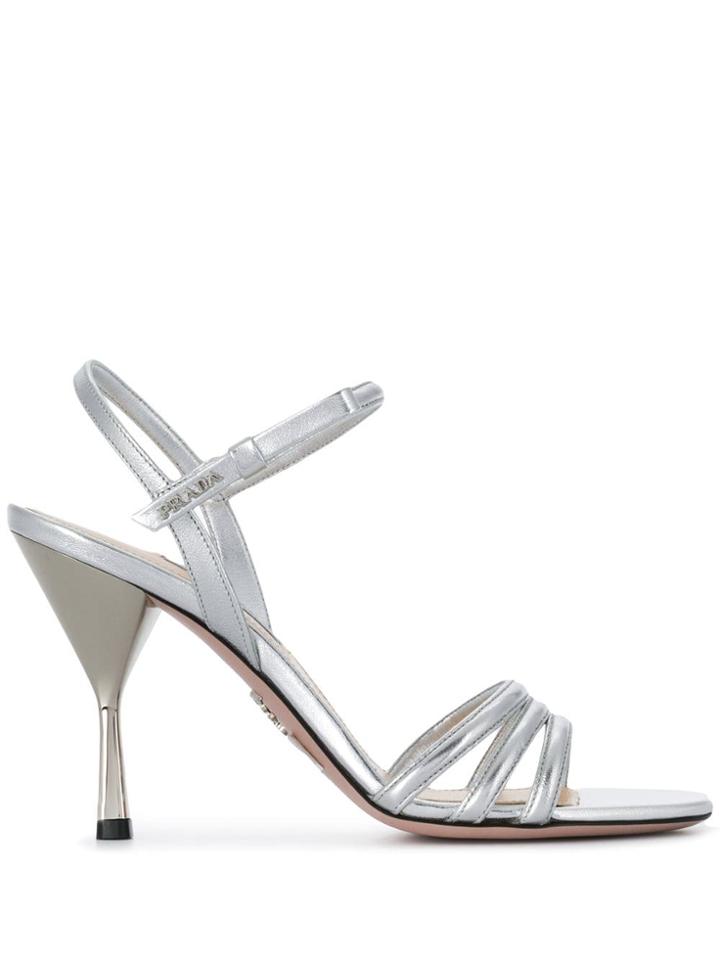 Prada Logo Plaque Metallic Sandals - Silver