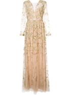 Marchesa Notte Floral Embroidered Gown, Women's, Size: 14, Nude/neutrals, Nylon