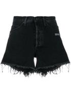 Off-white Frayed Hem Denim Shorts - Black