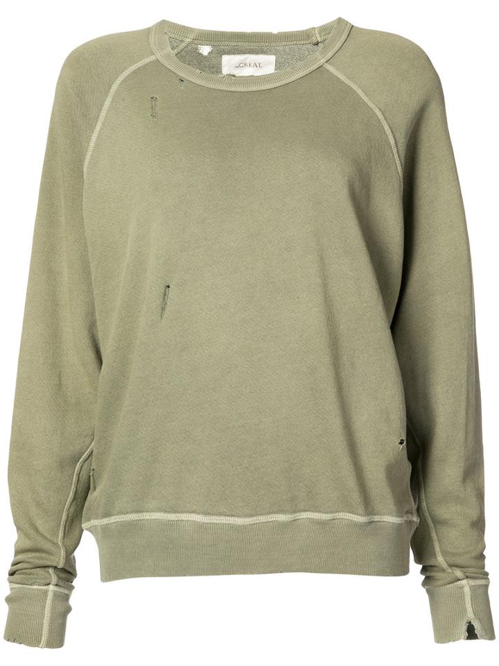 The Great - Distressed Crew Neck Sweatshirt - Women - Cotton - 1, Green, Cotton