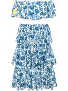 All Things Mochi Natalia Floral Print Tiered Midi Dress - Blue