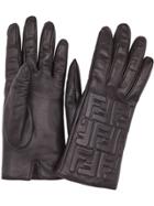 Fendi Leather Ff Embossed Gloves - Black