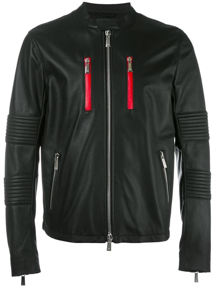 Marcelo Burlon County Of Milan Banded Collar Leather Jacket, Men's, Size: Large, Black, Lamb Skin/polyester/cotton