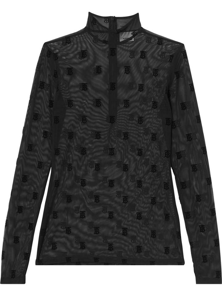 Burberry Monogram Motif Flock Mesh Turtleneck Top - Black