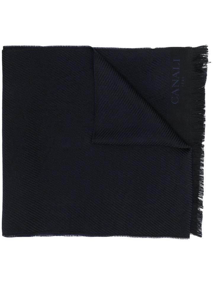 Canali Fringed Fine Knit Scarf - Blue