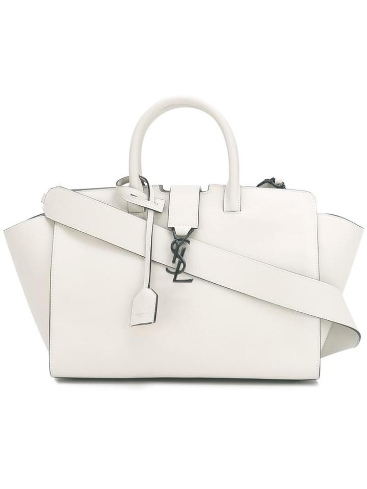 Saint Laurent Logo Plaque Tote, Women's, White, Leather