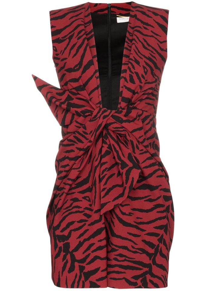 Saint Laurent Tiger Print Tie Front Dress - Red