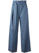Msgm Gathered Waist Trousers, Women's, Size: 42, Blue, Linen/flax/cotton
