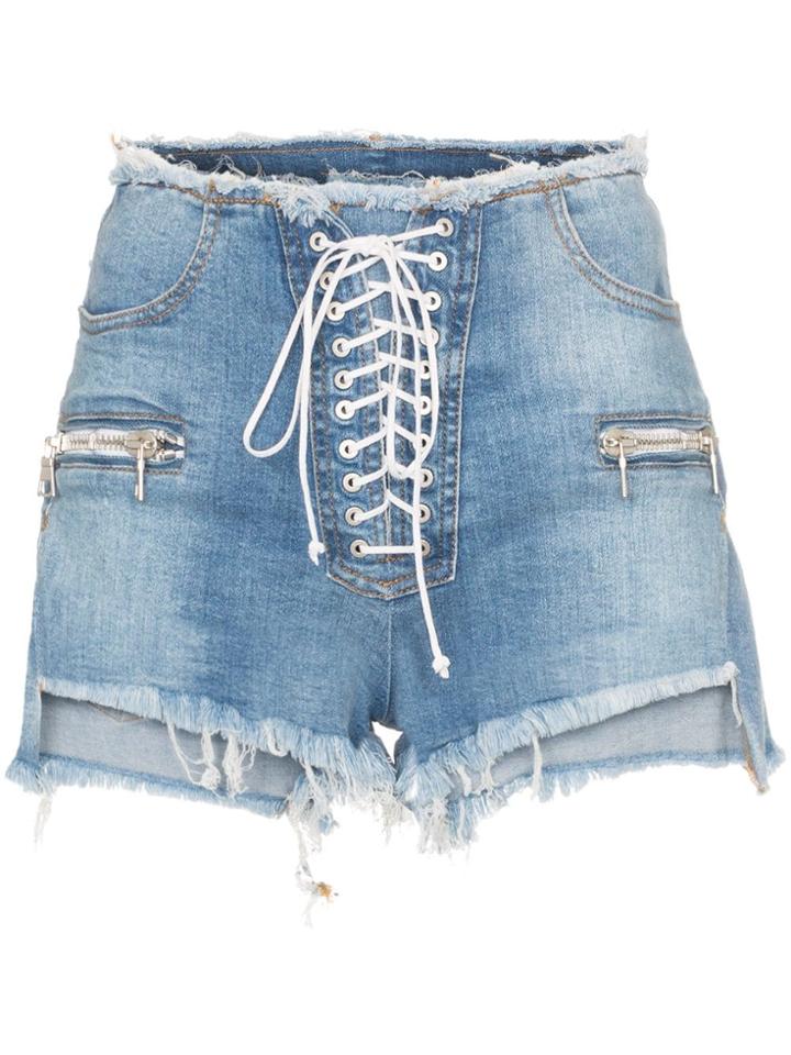 Unravel Project High Waisted Lace Up Denim Shorts - Blue