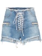 Unravel Project High Waisted Lace Up Denim Shorts - Blue