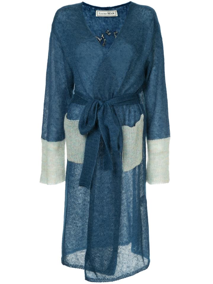 Tu Es Mon Trésor Embroidered Longline Cardigan - Blue