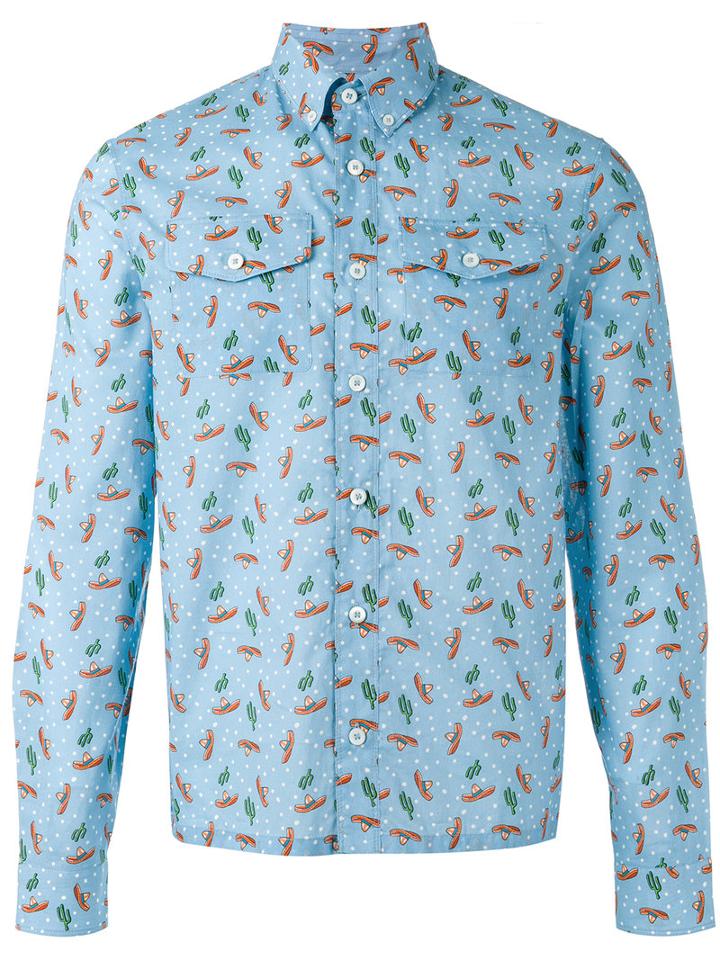 Prada Sombrero Print Button-down Shirt, Men's, Size: 42, Blue, Cotton