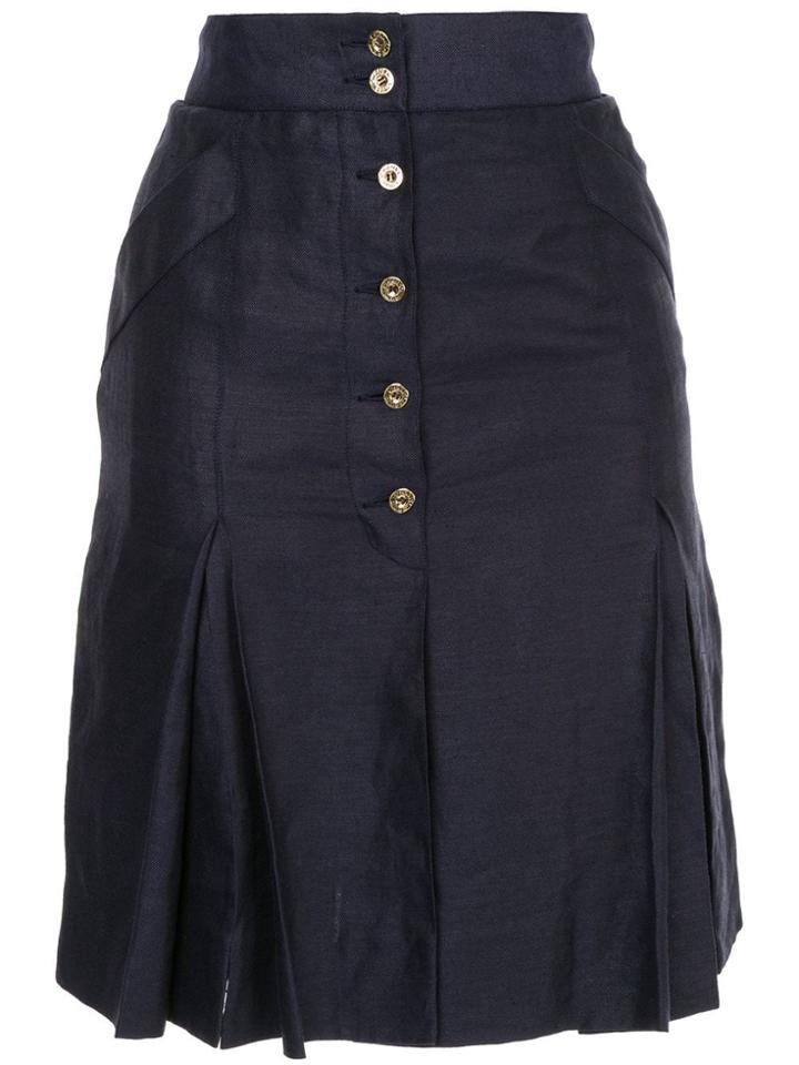 Chanel Vintage Logo Button Pleated Skirt - Blue