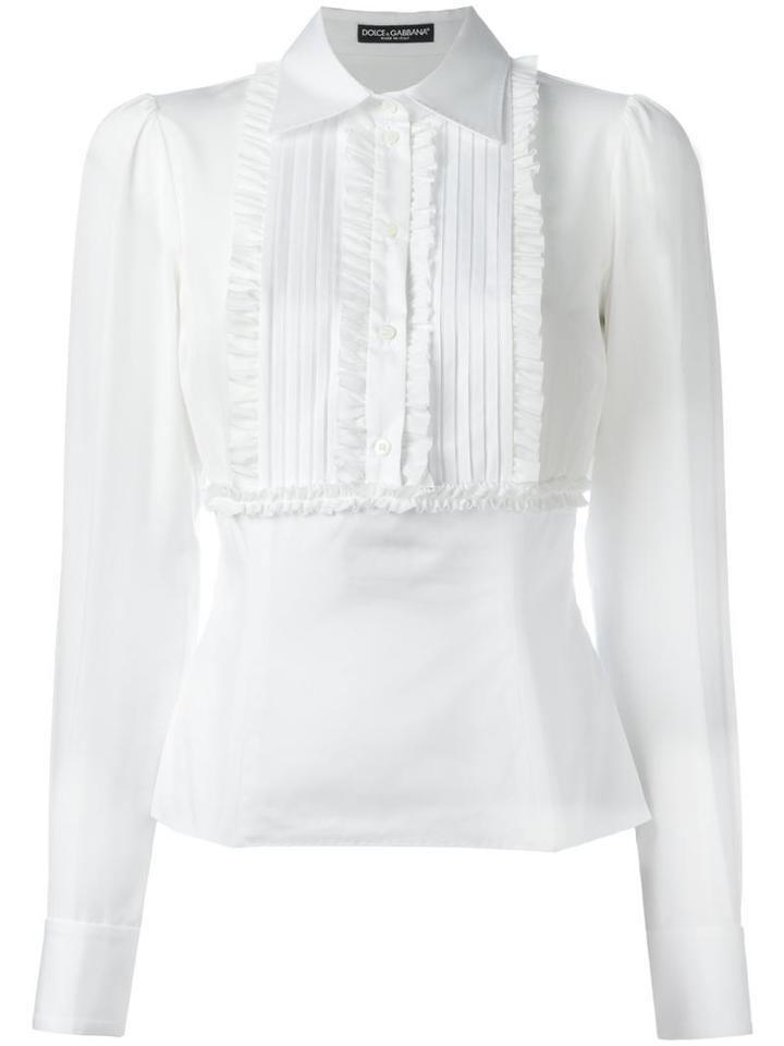 Dolce & Gabbana Ruffled Bib Shirt, Women's, Size: 40, White, Silk/cotton