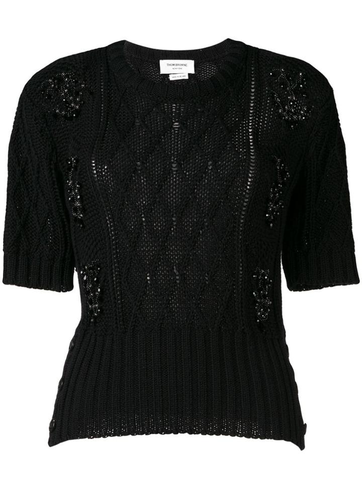 Thom Browne Crystal Embroidery Floral Cable Tee - Black