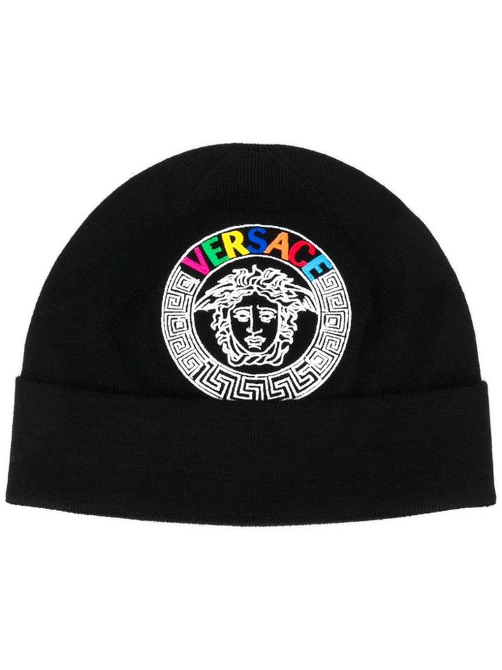 Versace Embroidered Medusa Multicoloured Logo Beanie - Black