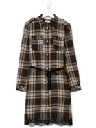 Pinko Kids Lace Hem Plaid Shirt Dress - Brown