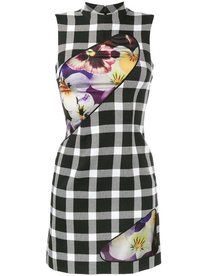 Christopher Kane Floral Print Gingham Dress, Women's, Size: 40, Black, Virgin Wool/polyester/nylon/silk