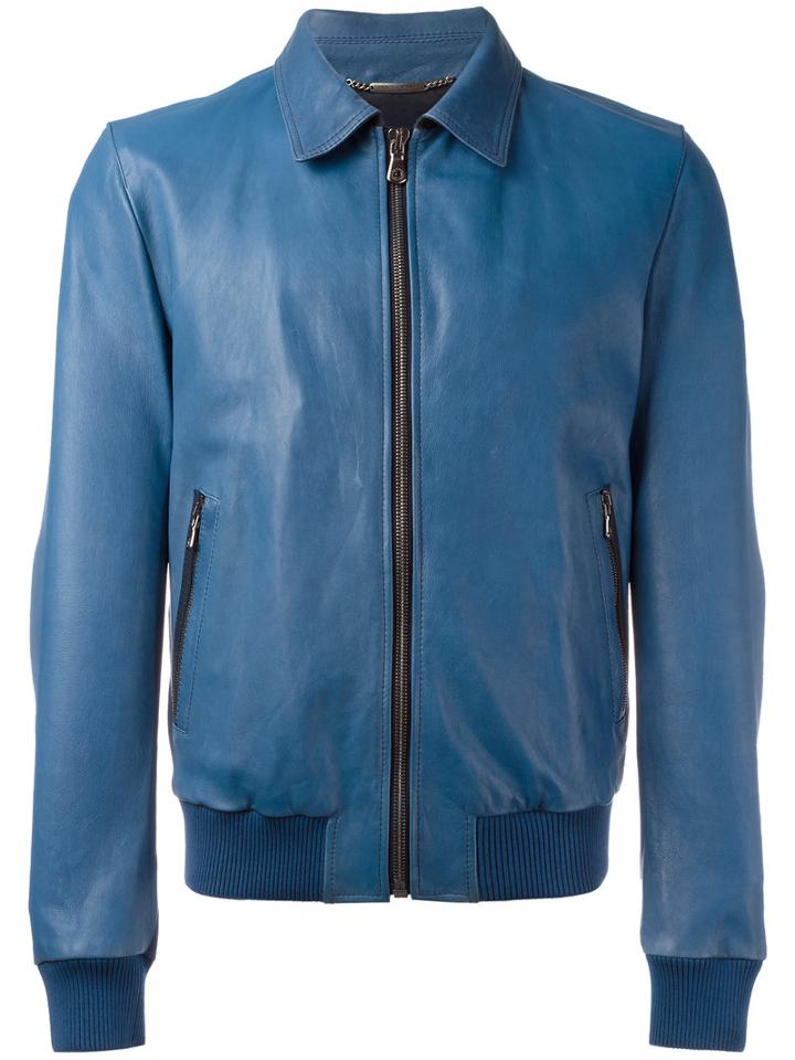 Dolce & Gabbana Leather Jacket, Men's, Size: 54, Blue, Goat Fur/lamb Fur/acetate/cotton