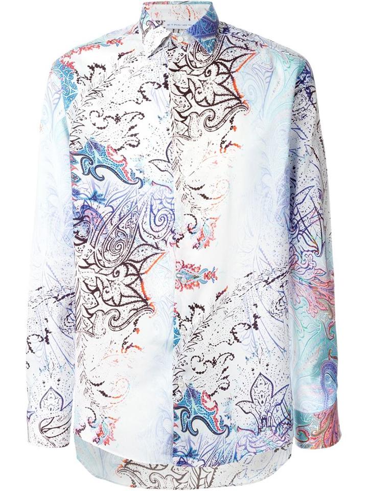 Etro Floral Print Shirt, Men's, Size: 41, White, Cotton/silk