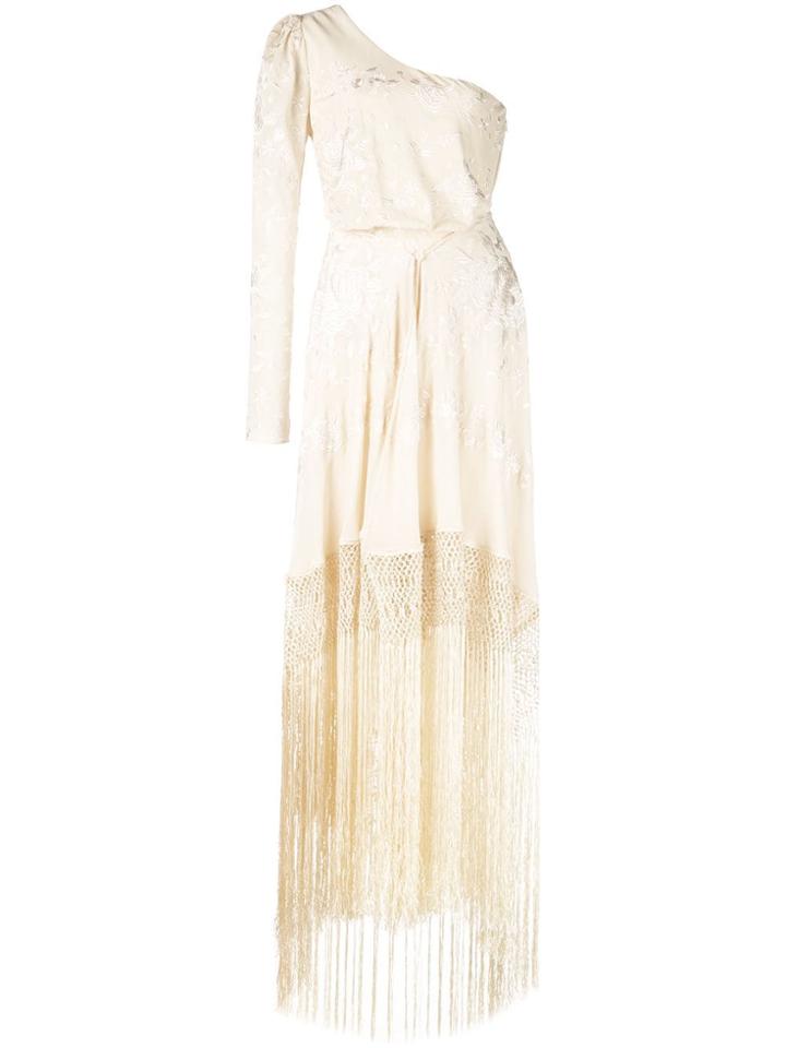 Johanna Ortiz Fringed One Shoulder Dress - Neutrals