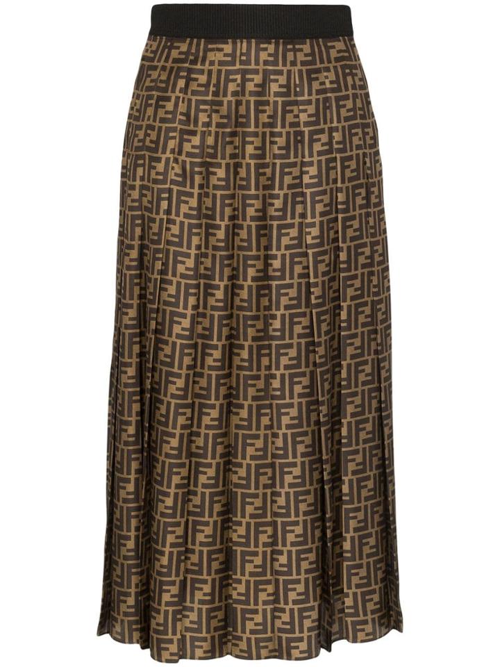 Fendi Ff Pleated Midi Skirt - Brown