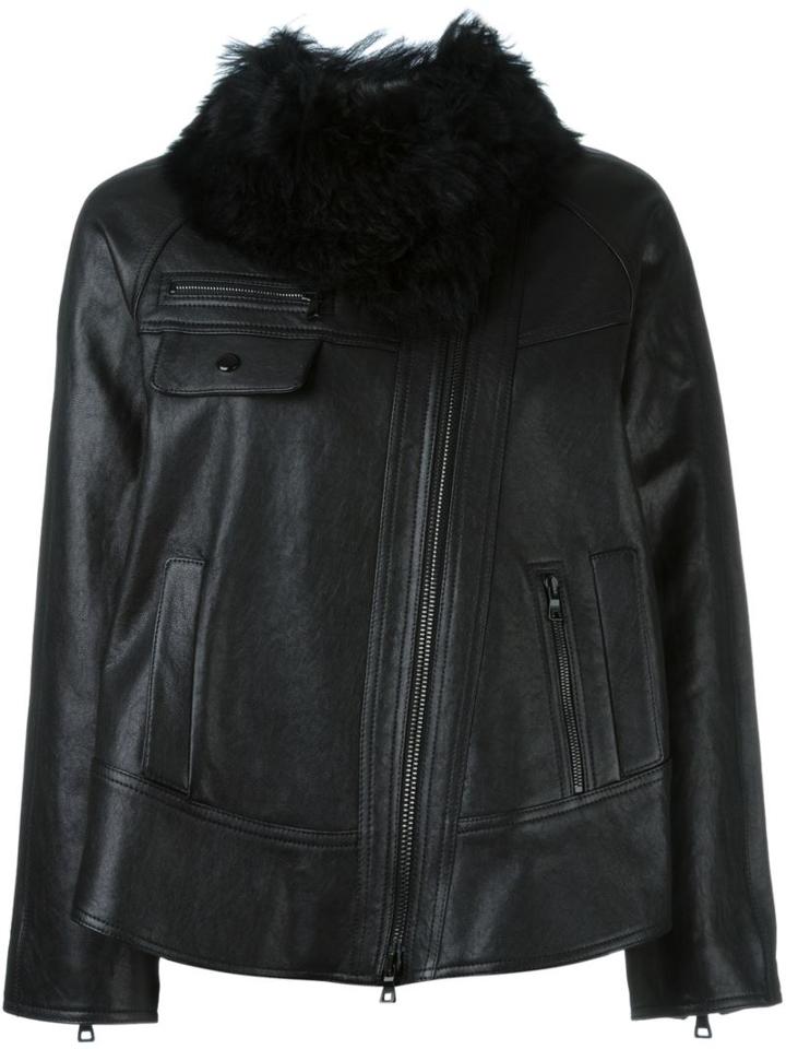 Proenza Schouler Faux Fur Collar Jacket, Women's, Size: 2, Black, Lamb Skin/cupro/polyester