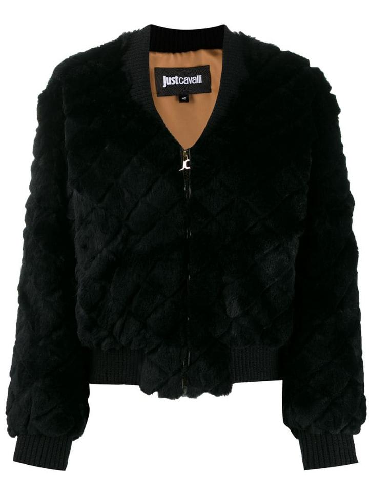 Just Cavalli Quilted Fur Bomber Jacket - Black