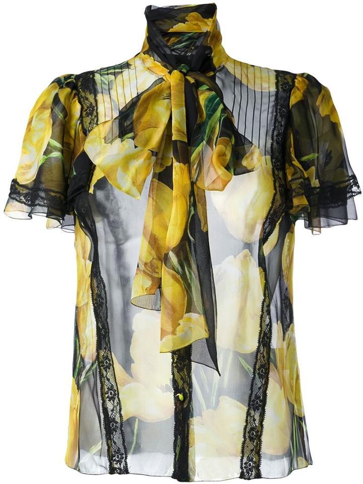 Dolce & Gabbana Tulip Print Sheer Shirt, Women's, Size: 38, Yellow/orange, Silk/cotton/polyamide