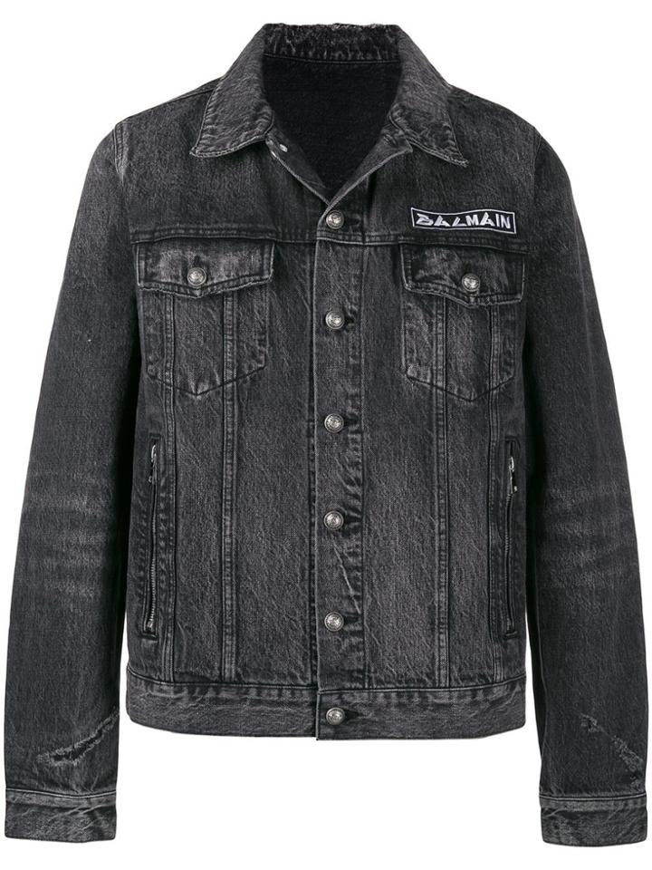 Balmain Japanese Symbols Embroidered Denim Jacket - Black