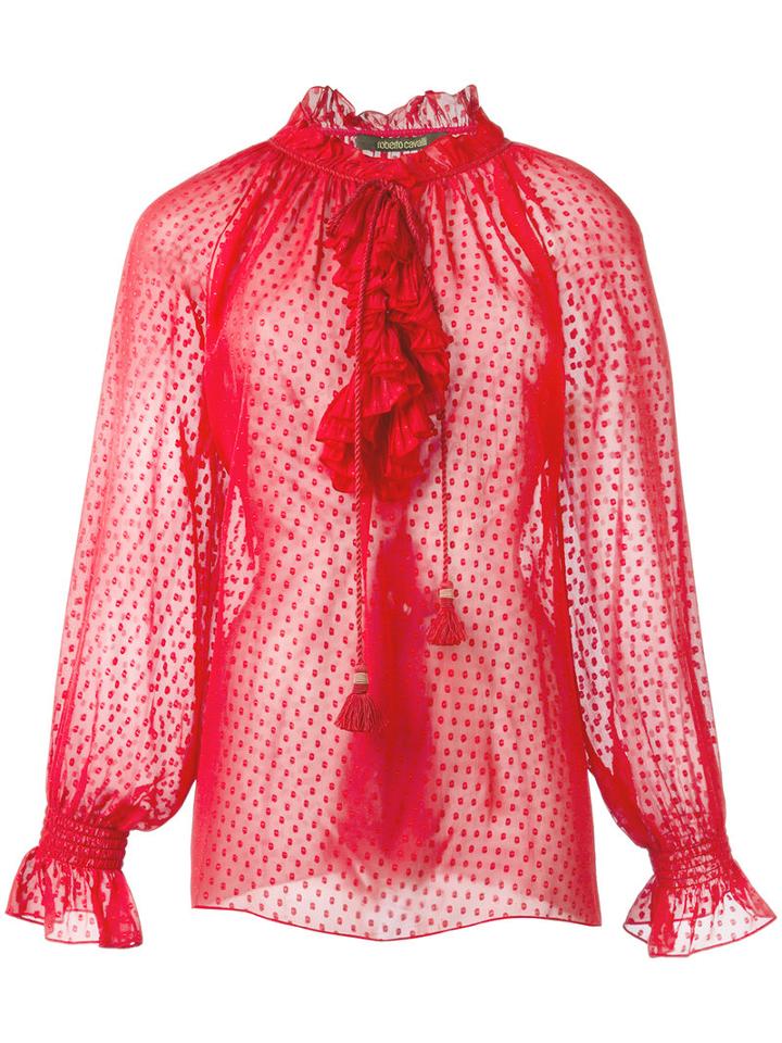 Roberto Cavalli Ruffled Sheer Blouse, Women's, Size: 38, Red, Silk