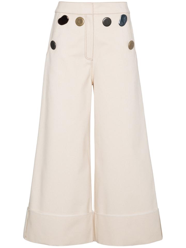 Rejina Pyo White Cotton Trousers With Oversized Buttons - Nude &
