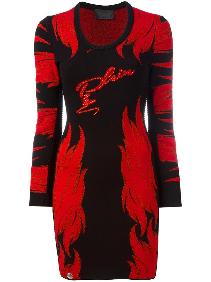 Philipp Plein Flame Pattern Knitted Dress, Women's, Size: Large, Black, Polyester/viscose