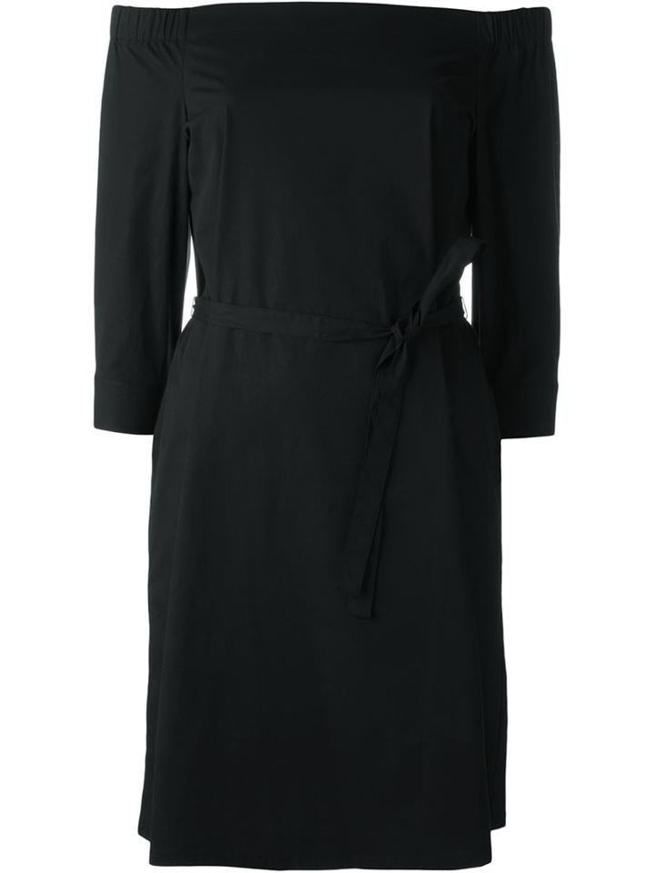 Theory Off-shoulder Belted Dress, Women's, Size: 6, Black, Cotton/spandex/elastane