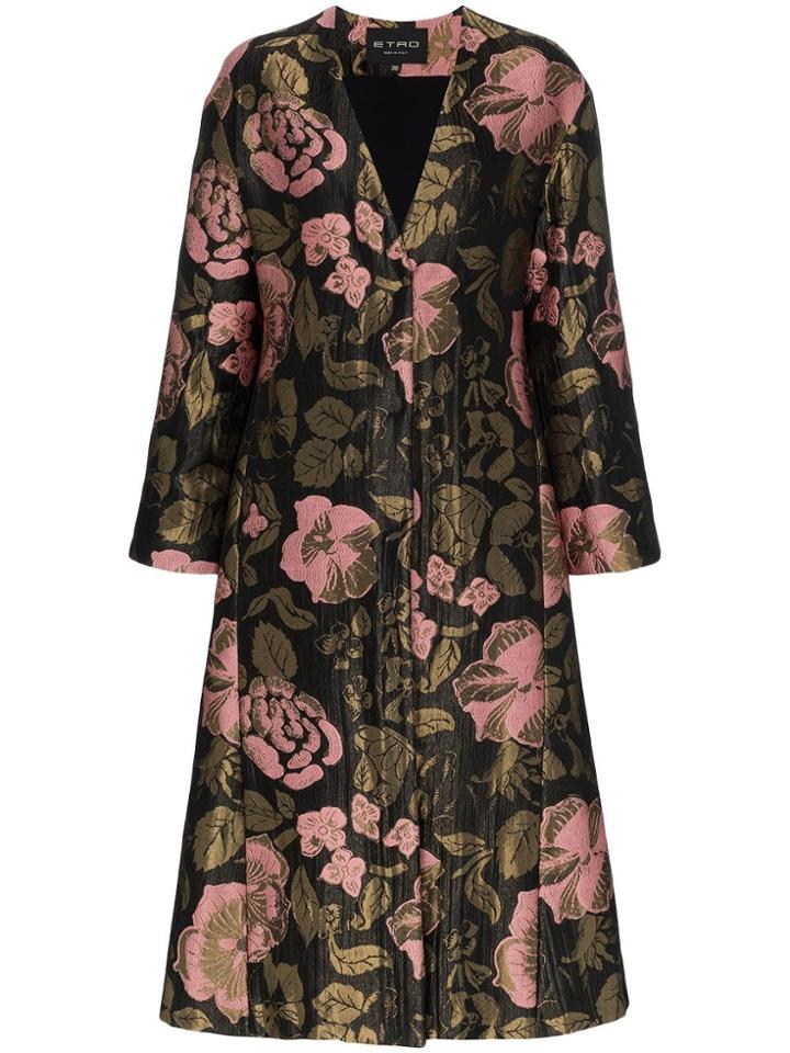 Etro Long Floral Belted Jacquard Coat - Black
