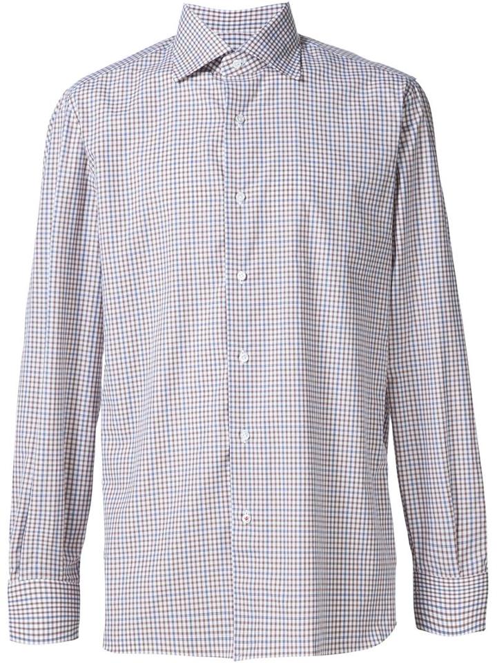 Isaia Checked Shirt, Men's, Size: 16, Brown, Cotton