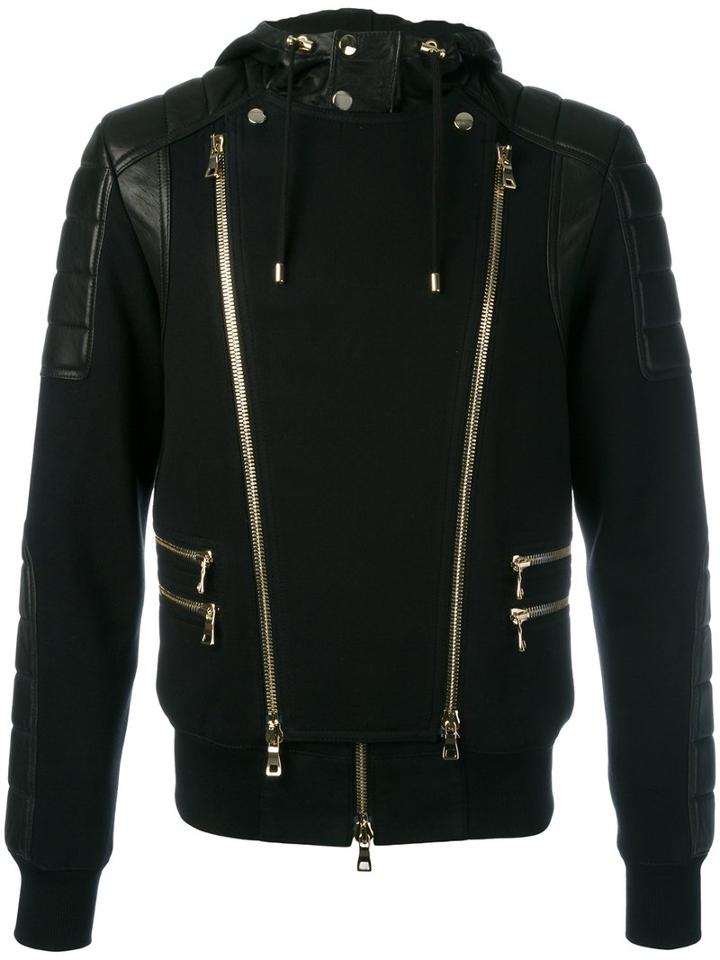 Balmain Biker Zip-up Hoodie, Men's, Size: Small, Black, Cotton/lamb Skin