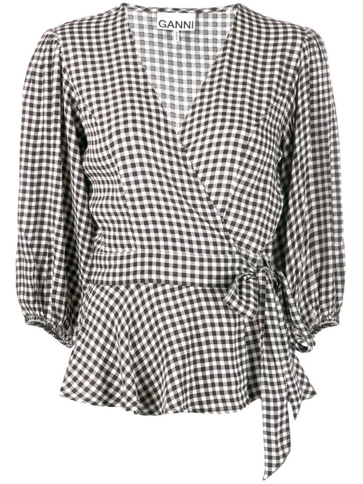 Ganni Gingham Check Wrap Blouse - Black