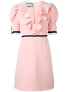 Gucci Ruffled V-neck Dress, Size: 42, Pink/purple, Silk/wool/acetate