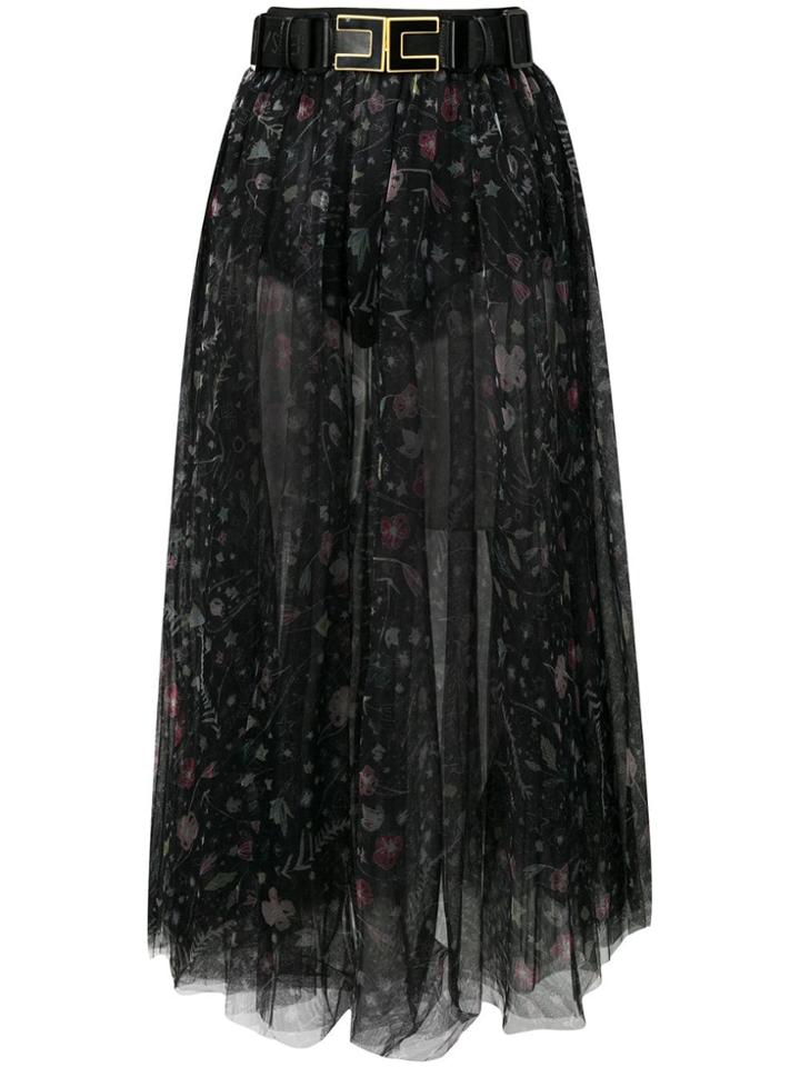 Elisabetta Franchi Floral Print Tulle Skirt - Black