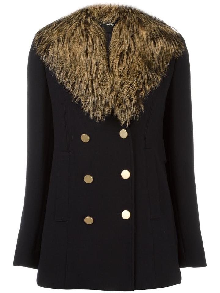 Theory Gold-tone Buttons Peacoat, Women's, Size: Small, Blue, Fox Fur/rayon/virgin Wool