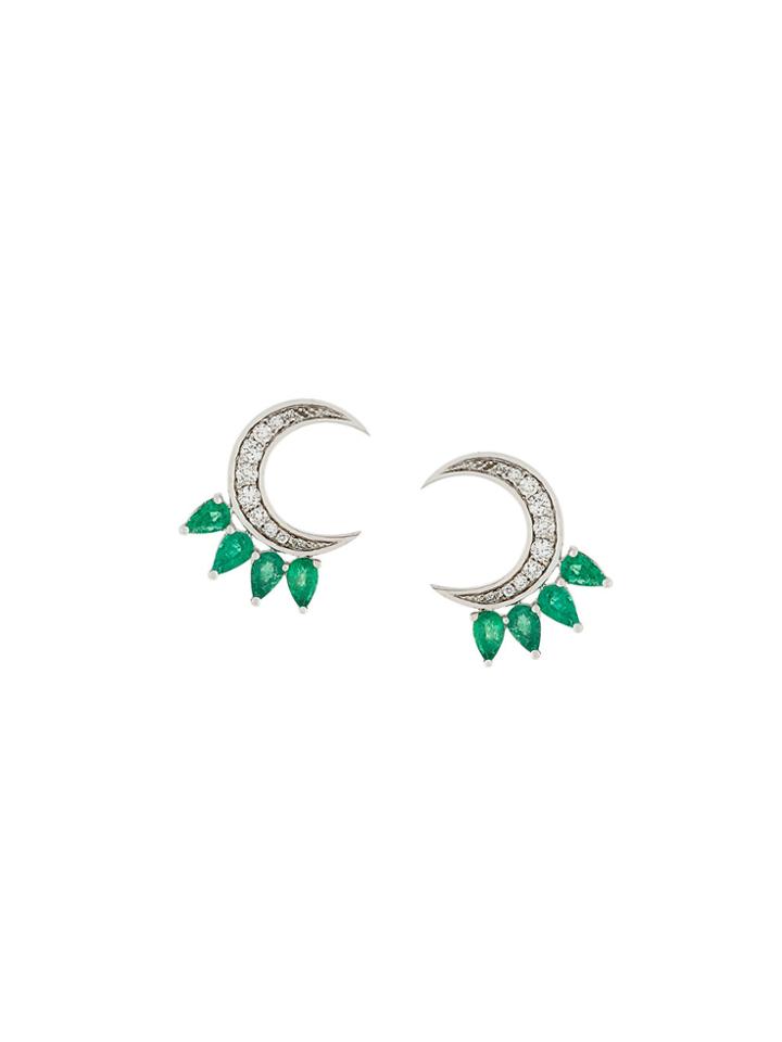 Gisele For Eshvi 18kt Gold, Diamond And Emerald Moon Shape Earrings -