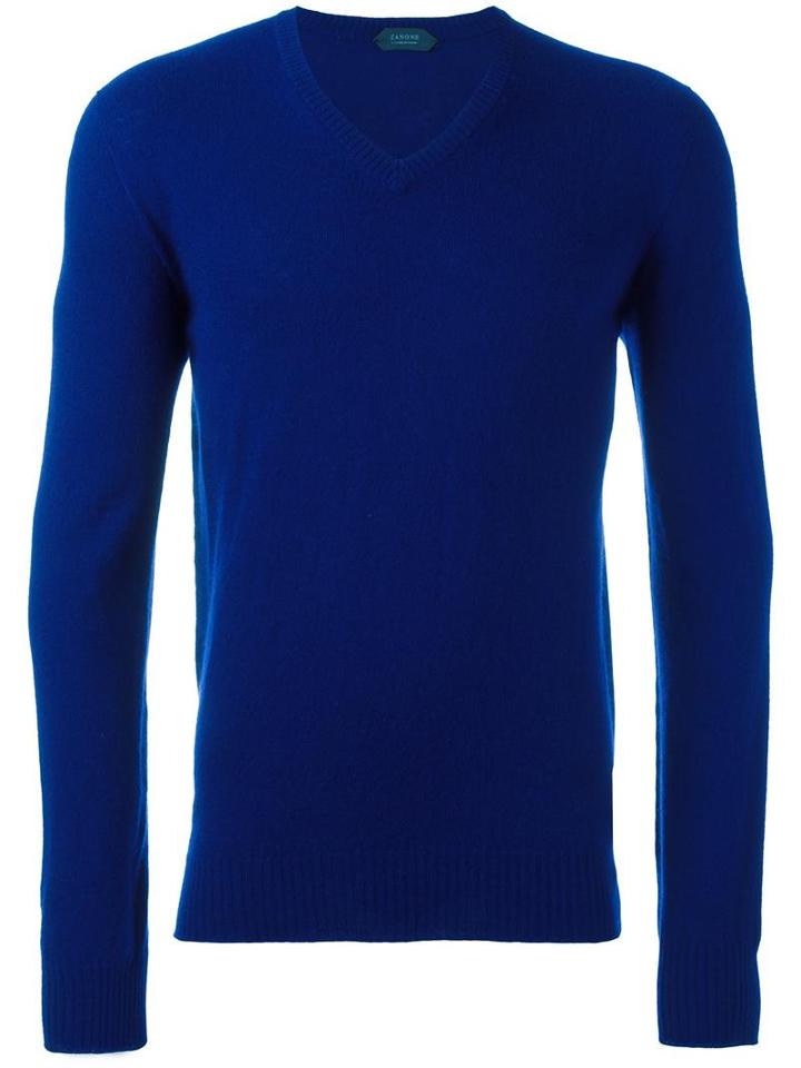 Zanone V Neck Jumper, Men's, Size: 46, Blue, Virgin Wool/angora