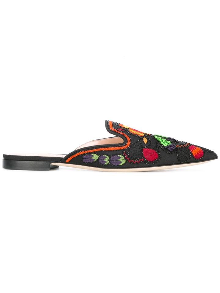 Alberta Ferretti Embroidered Floral Mules - Black