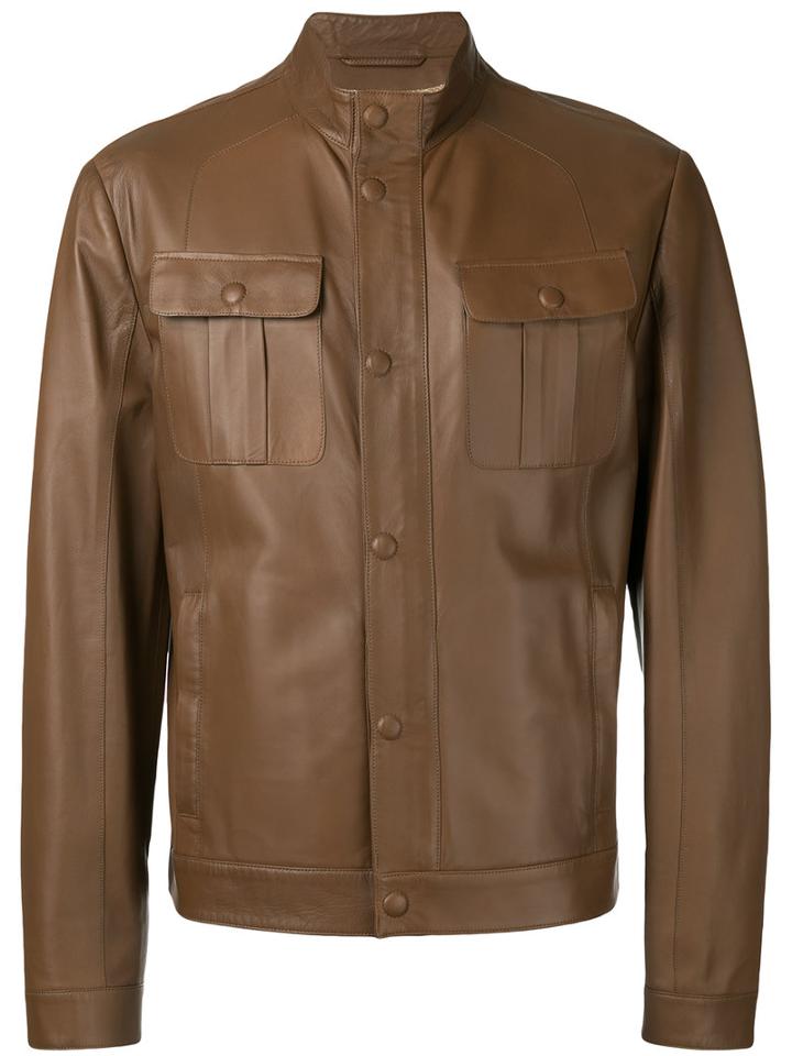 Brioni Front Pocket Jacket, Men's, Size: 54, Brown, Silk/leather