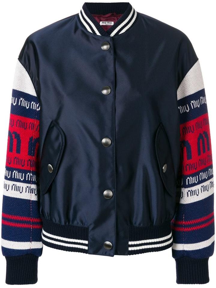 Miu Miu Logo Sleeve Bomber Jacket - Blue