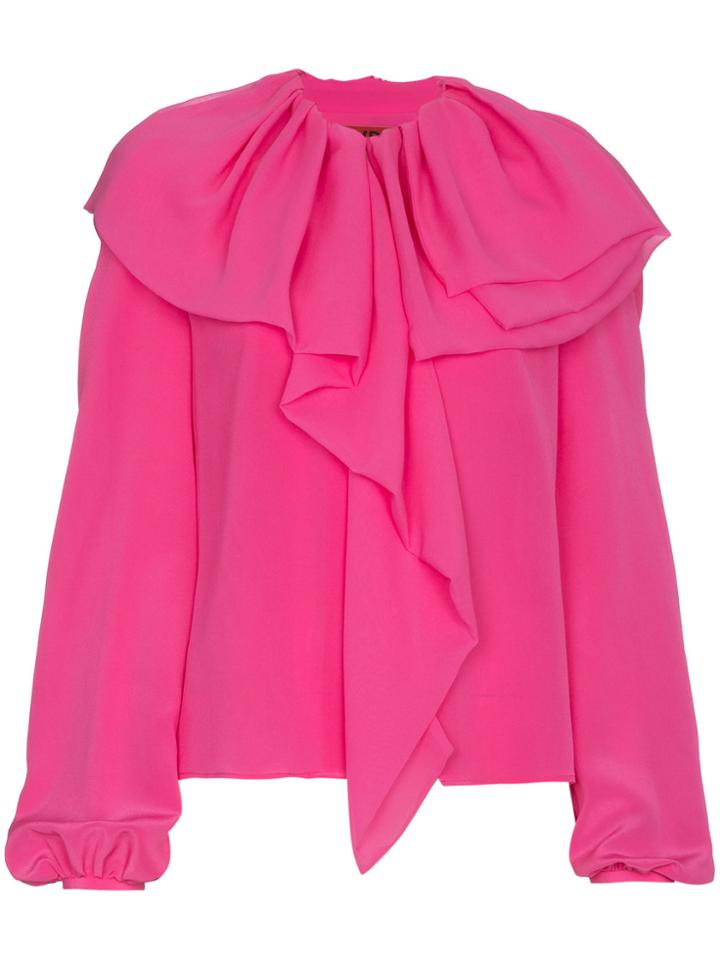 Ronald Van Der Kemp Ruffle Puff Sleeve Silk Blouse - Pink & Purple