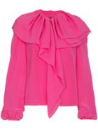 Ronald Van Der Kemp Ruffle Puff Sleeve Silk Blouse - Pink & Purple